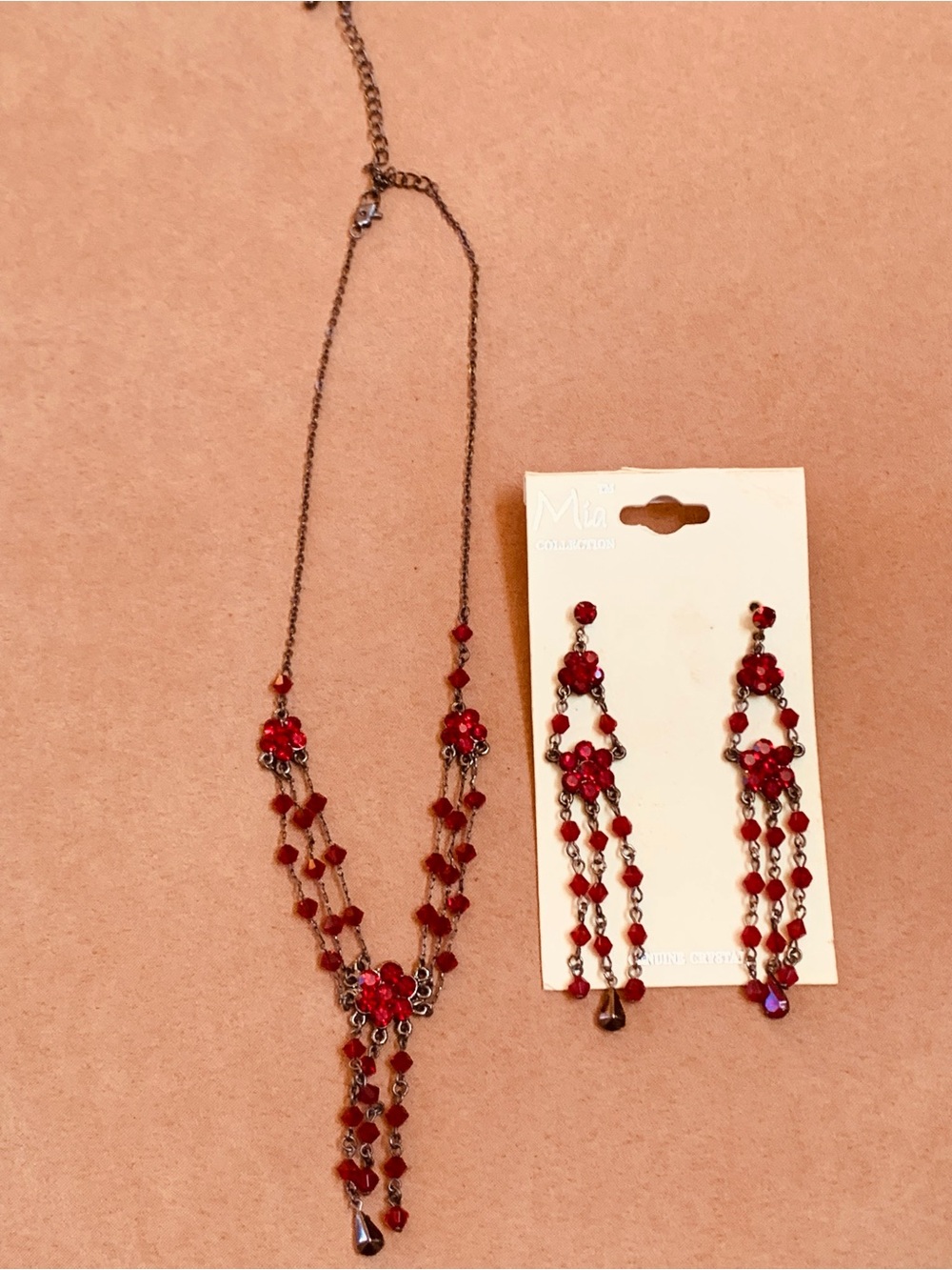 Dangling Red Crystal Necklace and Earrings Set - Mia Collection